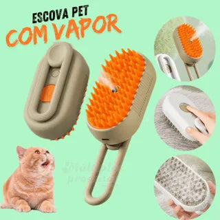 Escova Elétrica 3 em 1 para Pets – Vapor, Massagem e Remoção de Pelos